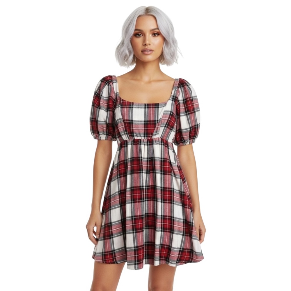NEW Plaid Mini Babydoll Peasant Dress with Pockets SIZE SMALL